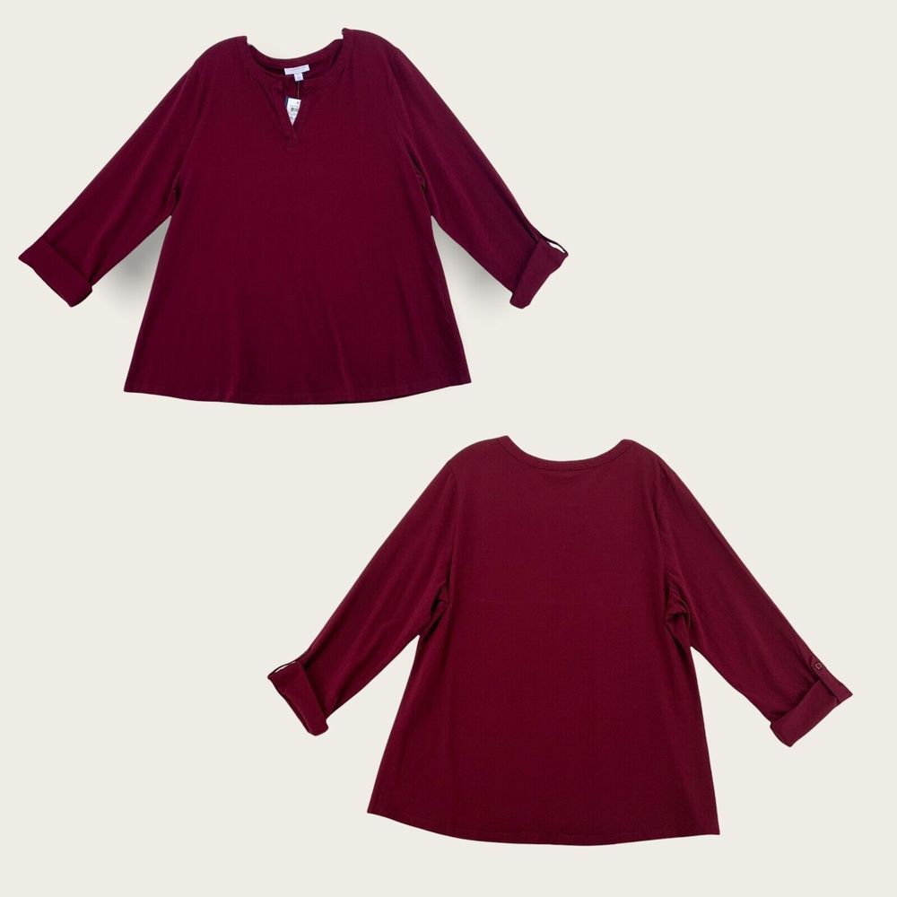 Charter Club Luxury Long Sleeve Supima Cotton Top V Neck Red Womens XXL